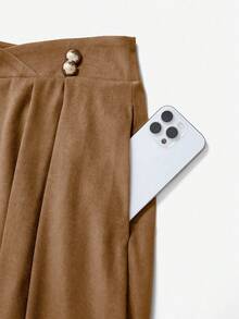 Franclia Plus Size Women High Waist Flared Skirt, Elegant Commuter, Date, Casual, Versatile, Decorated With Gold/Coffee Buttons Brown Long Skirt Brown Midi Skirt Brown Pleated Skirt Warm Brown Skirt Long Brown Skirt Brown Elegant Skirt Western Skirt Earthy Skirt Women Brown Maxi Skirt - Khaki - View 6