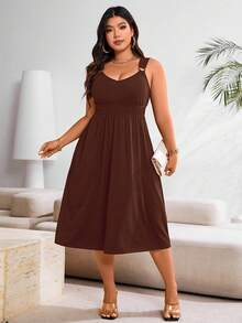 EMERY ROSE Gaun Maxi Kasual Musim Panas Berlipit Cokelat Ukuran Besar untuk Wanita - Coklat - View 4