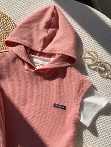 3pcs Kids Boys Casual Versatile Comfortable Textured Fabric Letter Print Hooded Loose Pullover Short Sleeve T-Shirt And Shorts 3-Piece Set, Suitable For Spring, Summer, Autumn, Winter, Daily Wear, Sports, Outings, School, Gatherings, Holidays, Photoshoots, Back To School Season - Dusty Pink - View 13