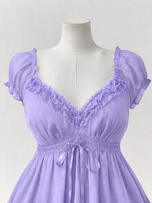 Sunspun 大码纯色荷叶边短袖衬衫 - 紫色 - 查看 3