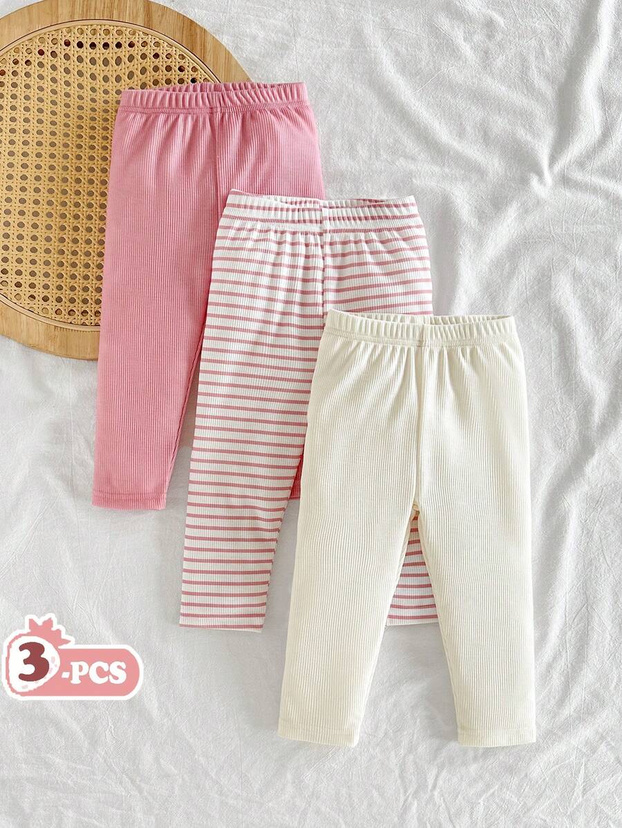 SHEIN Vintaside Kids Baby Girl's 3pcs Lovely Flower & Leopard Print Ruffle Design Leggings Set, Casual And Versatile - Pink - View 1