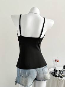 Elamini French Retro Plaid Contrast Lace Trim Camisole, Sweet & Spicy Design, Fitted, Spring/Summer - Multicolor - View 2