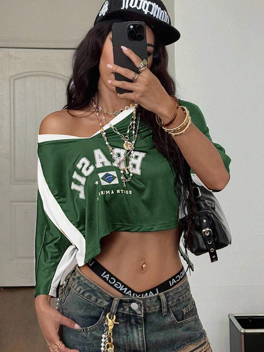 Coolane t-shirt courts patchwork avec graphiques du Brésil pour femmes, tenue de sport Y2K pour sorties et festivals brésiliens d'été - Vert sapin - Voir 1