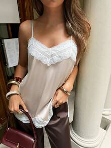 Serisse Women's Lace Patchwork Casual Versatile Daily Wear Camisole Top - Apricot - View 11