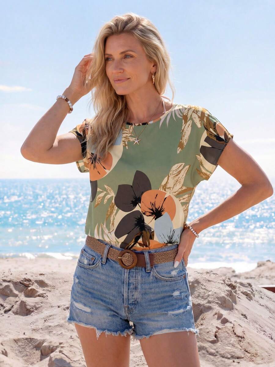 Sylviya Blusa casual da donna con motivo floreale, scollo rotondo e maniche corte, adatta per l'autunno e l'estate, ideale per uscire, camicetta elegante per donne, vacanza - Multicolore - Visualizzare 1