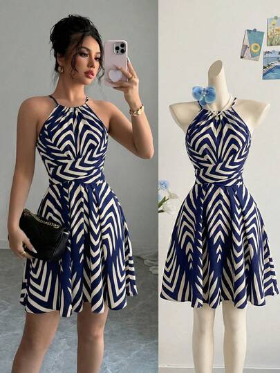 Elenzga Navy Blue Arrow Print Elegant Design Halter Tie Waist Flared Short Dress, High-Quality Graceful Style, Suitable For Valentine's Day, Easter, Labor Day, Birthday, Date, Party, Formal Occasions, Spring/Summer