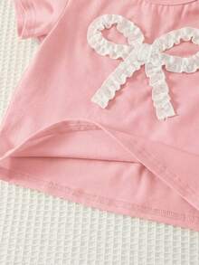 Cozy Pixies 2pcs Set Baju Bayi Perempuan Rajut Lembut Leher Bulat Lengan Pendek dengan Hiasan Pita dan Celana Pinggang Elastis, Bayi Perempuan - MultiWarna - View 5