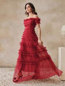 Anewsta 女士新款酒红色网纱喇叭连衣裙，春夏款，适合生日派对、婚礼、伴娘等场合，A字露肩连衣裙，红色长裙，红色荷叶边连衣裙，红色长款连衣裙，女士红色连衣裙 - 紅色 - 查看 5