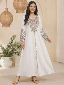 SHEIN Áo Jalabiya họa tiết hoa cho thiếu nữ, Áo Jalabiya thêu hoa cổ điển thanh lịch, Áo dài tay truyền thống tối giản kiểu Ả Rập cho thiếu nữ, phù hợp cho mùa xuân/hè, Áo dài tay kín đáo thanh lịch, Áo Abaya cầu nguyện, Thoải mái dễ chịu, Trang phục thường ngày, Phong cách nghỉ dưỡng, Áo Kaftan kín đáo, Áo Jalabiya cho thiếu nữ, Áo Jalabiya cho thiếu nữ - Nhiều màu - Xem 2