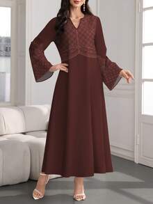 SHEIN Najma Đầm midi dài tay cổ chữ V họa tiết hoa văn hình học, kiểu dáng thanh lịch phong cách Ả Rập dành cho nữ, màu cà phê, thích hợp cho mùa xuân và mùa thu. - Nhiều màu - Xem 4