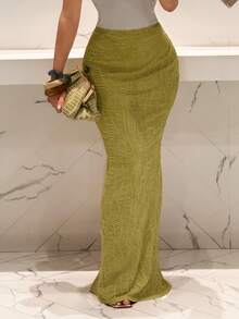 Slaydiva New Y2K Streetwear Casual Minimalist Basic Mint Green Wavy Textured Fabric Sexy Bodycon Skirt, Suitable For Music Festivals, Valentine's Day, Daily Wear, And Dates - Mint Green - View 4