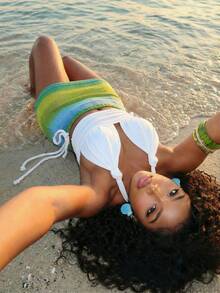 Slaydiva Nuevo conjunto de dos piezas de primavera/verano con estilo sexy y bohemio: top de tirantes anudado en color blanco + minifalda de punto de rayas de colores. Adecuado para el Día de San Valentín, citas, fiestas, reuniones, vacaciones, estilo nómada, playa, mar, conciertos, salidas diarias, Año Nuevo, celebraciones, brunch, invitada de boda, temporada de bodas-Z - Multicolor - Ver 3