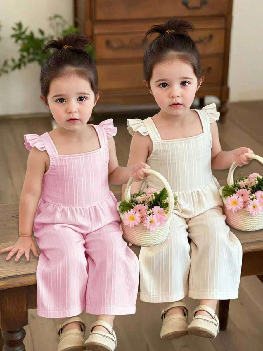 2pcs/Set Sweet Solid Color Casual Versatile Jumpsuits For Young Girls, Featuring Ruffle Strap Decor And Vertical Texture Fabric, Sleeveless, Soft & Comfortable, Suitable For Spring & Autumn, Fits Ages 4Y-7Y - Multicolor - View 1