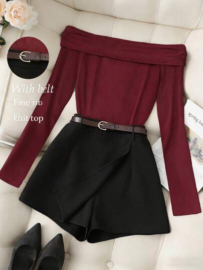 Franclia 休闲通勤时尚百搭露肩褶皱酒红色长袖上衣搭配高腰显瘦黑色短裤，女式半身裙/阔腿裤套装，含棕色腰带，两件套：露肩上衣和短裤，优雅休闲春季/日常穿着，2026 新款