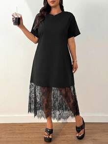 SHEIN EZwear Đầm ngắn tay cổ tròn màu trơn, phối ren, cỡ lớn, thích hợp cho mùa xuân/hè. - màu đen - Xem 6