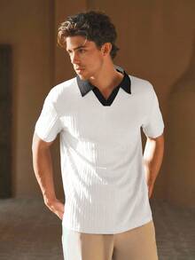 HIMLAND Men's Woven Casual Loose Fit Short Sleeve POLO Shirt - Black and White - View 6