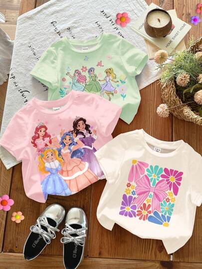 SHEIN 3件套柔软多彩，白色、粉色、浅绿色，可爱甜美优雅的卡通公主、花朵、蝴蝶结印花圆领短袖T恤，休闲舒适，适合春夏日常、居家、度假穿着，适合年轻女孩。