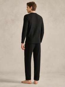 EverLounge Conjunto de pijama de manga larga con cuello henley y rayas de color negro sólido para hombre - Negro - Ver 2