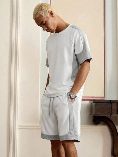 Manfinity Unisex Men's Contrast Color Round Neck Short Sleeve T-Shirt And Drawstring Waist Shorts Set