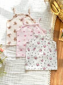 Vintaside Kids 3pcs Baby Girls Jacquard Fabric Camisole Vest. Sleeveless, Refreshing To Wear Outerwear, Cute And Fashionable, Macaron Pastel Color Palette, Sweet And Brightening, Versatile. Soft And Comfortable Fabric, Cute Casual Style Suitable For Spring/Summer Outings, Outdoor Play, Vacation, Daily Wear, Travel - Multicolor - View 2