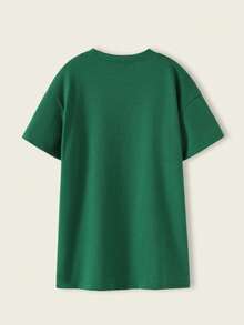 Casuvi Kids 儿童女童休闲宽松圆领短袖落肩字母印花连衣裙，复古美式风格，夏季新品 - 墨綠色 - 查看 2