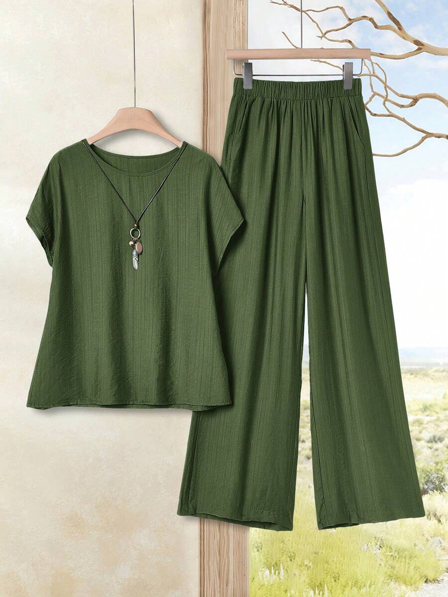 Rusticease Bộ đồ nữ gồm áo tay ngắn cổ tròn màu trơn và quần ống rộng cạp chun, kiểu dáng thường ngày. - xanh quân đội - Xem 1