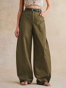 Anewsta 春季新款女式橄榄绿长裤，时尚百搭，配腰带，休闲筒裤 - 橄欖綠 - 查看 7