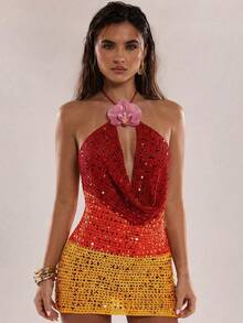 SHEIN BAE 时尚性感渐变亮片撞色夏季新款韩版度假针织吊带连衣裙 - 彩色 - 查看 5