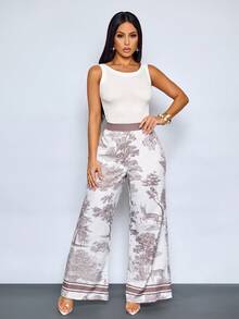 SOLERSUN 性感优雅女士沙滩度假春夏艺术印花油画长裤 - 棕色 - 查看 5