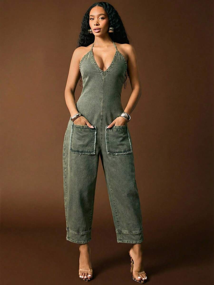Vixey Plunge Neck Cami Strap Harem Cuffed Denim Jumpsuit - Dark Wash - View 1