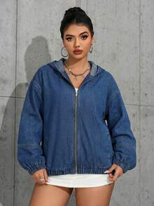 StreetHx Women's Solid Color Drop Shoulder Long Sleeve Fashionable Loose Denim Jacket - Dark Wash - View 4