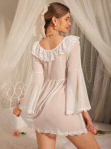 DelicateAllure Camisón de mujer de encaje y gasa con mangas de campana - Blanco - Ver 2