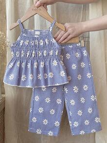 Vintaside Kids Baby Girl Floral & Plaid Print Camisole Top And Elastic Waist Pants Set - Blue - View 7