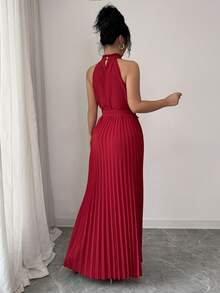 SHEIN PETITE Đầm chữ A không tay cổ cao buộc dây sau lưng trang trí bèo nhún dành cho nữ - Màu Đỏ Sâu - Xem 2