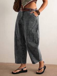 Freevana Quần jeans ống rộng lửng màu trắng, kiểu dáng thoải mái, đa năng, phong cách retro bohemian mới năm 2026, cạp cao, dáng suông ôm sát tôn dáng dành cho nữ. - màu đen - Xem 4