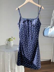 Comfortcana Đầm slip ren họa tiết hoa nhí phối màu tương phản dành cho nữ, thích hợp cho kỳ nghỉ hè. - Màu xanh hải quân - Xem 4