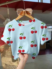 Women's Cherry Print Crew Neck Short Sleeve Cropped T-Shirt - Pink - View 1