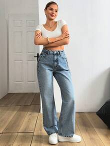 SHEIN 100% Cotton Women's Denim Pants With Embroidery Detailed - Medium Wash - View 4