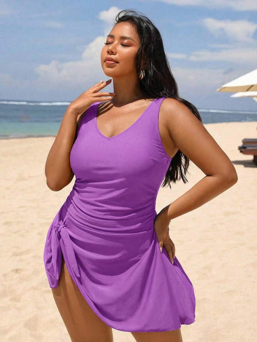 Swim Lushoire New Elegant Slit Strap Adjustable Slimming One-Piece Swimsuit, Fashionable For Beach Vacation, Plus Size - Purple - View 1