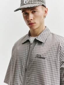 TOKVUE 男士休闲日常百搭通勤格子刺绣衬衫套装 - 灰色 - 查看 7