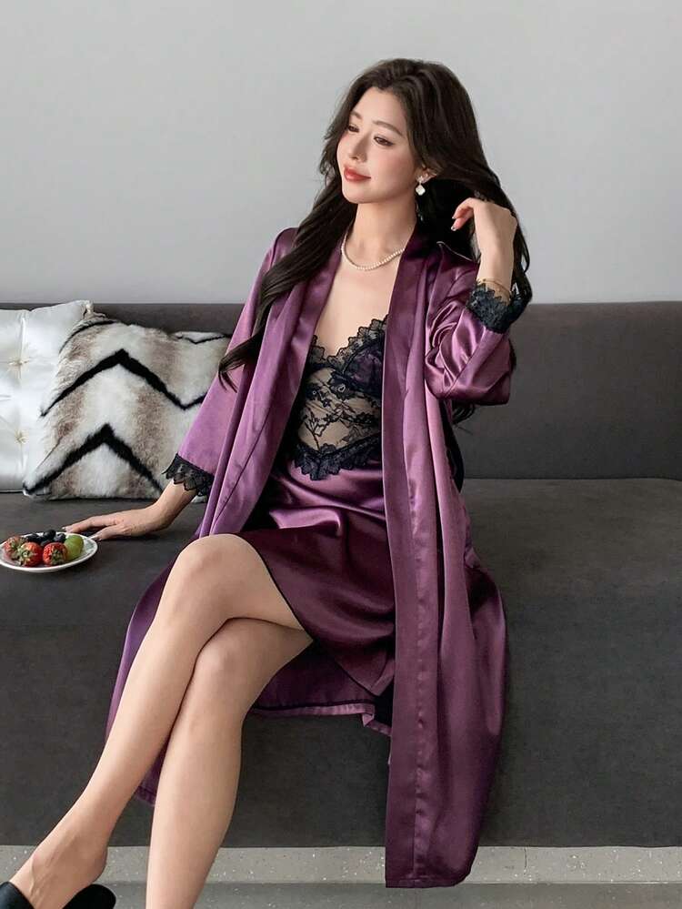 2pcs Women Lace Patchwork Sleeveless Slip Dress & Loose Long Sleeve Robe Pajama Set
