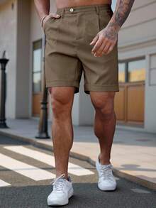 Manfinity CasualCool Pantalones cortos casuales de unicolor con dobladillo enrollado y bolsillo en diagonal para hombres de talla grande, para verano - Caqui - Ver 4