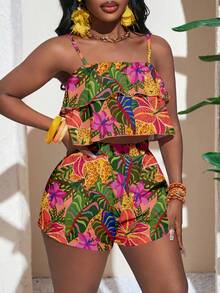 Slaydiva Bộ quần short nữ kiểu dáng thường ngày, trang phục đi nghỉ mát, đồ mùa hè, trang phục đi biển, họa tiết hoa nhiệt đới. - Nhiều màu - Xem 3