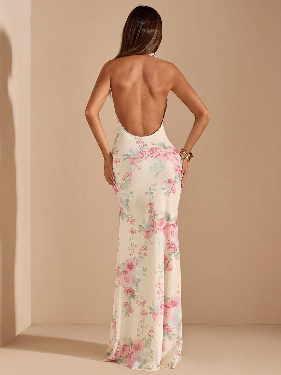 SHEIN BAE 黄色碎花连衣裙,优雅长裙,适合婚礼宾客、度假、海滩郊游、春夏穿着。 - 淡黃色 - 查看 1