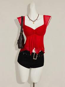 SHEIN ICON Women's Ruched Front Fitted Sexy Mesh Patchwork Cap Sleeve Backless Casual Vacation Cropped Tank Top - Red - View 3