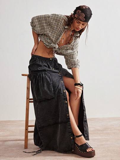 Bohemela Casual Solid Color Woven Loose Front Slit Women Skirt