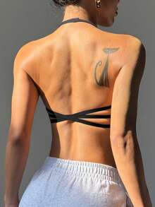 Dewbera 女士运动文胸，前部褶皱挂脖设计，可拆卸加厚交叉肩带，适合日常休闲穿着、网球、瑜伽、健身等多种场合。 - 灰色 - 查看 2