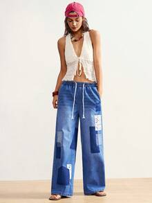 Bohemela Women's Contrast Color Ripped Pocket Drawstring Waist Jeans - Medium Wash - View 7
