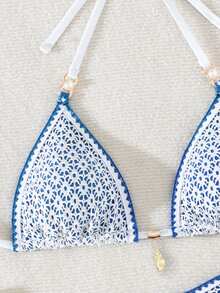 Swim Mod Women Hollow Out Blue Shell Floral Pearl Accented Sexy Style Triangle Bikini Summer - Blue and White - View 5