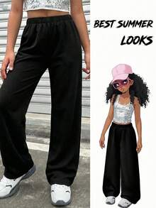 SHEIN ChillGRL 1 条女童优质纹理面料白色休闲舒适长裤，夏季新品 - 黑色 - 查看 3